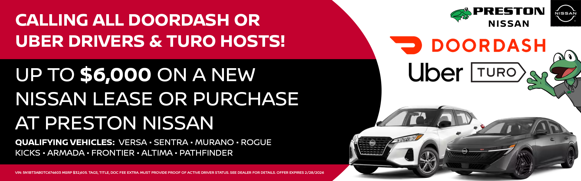 Up to $6,000 on a new Lease or purchase at Preston Nissan